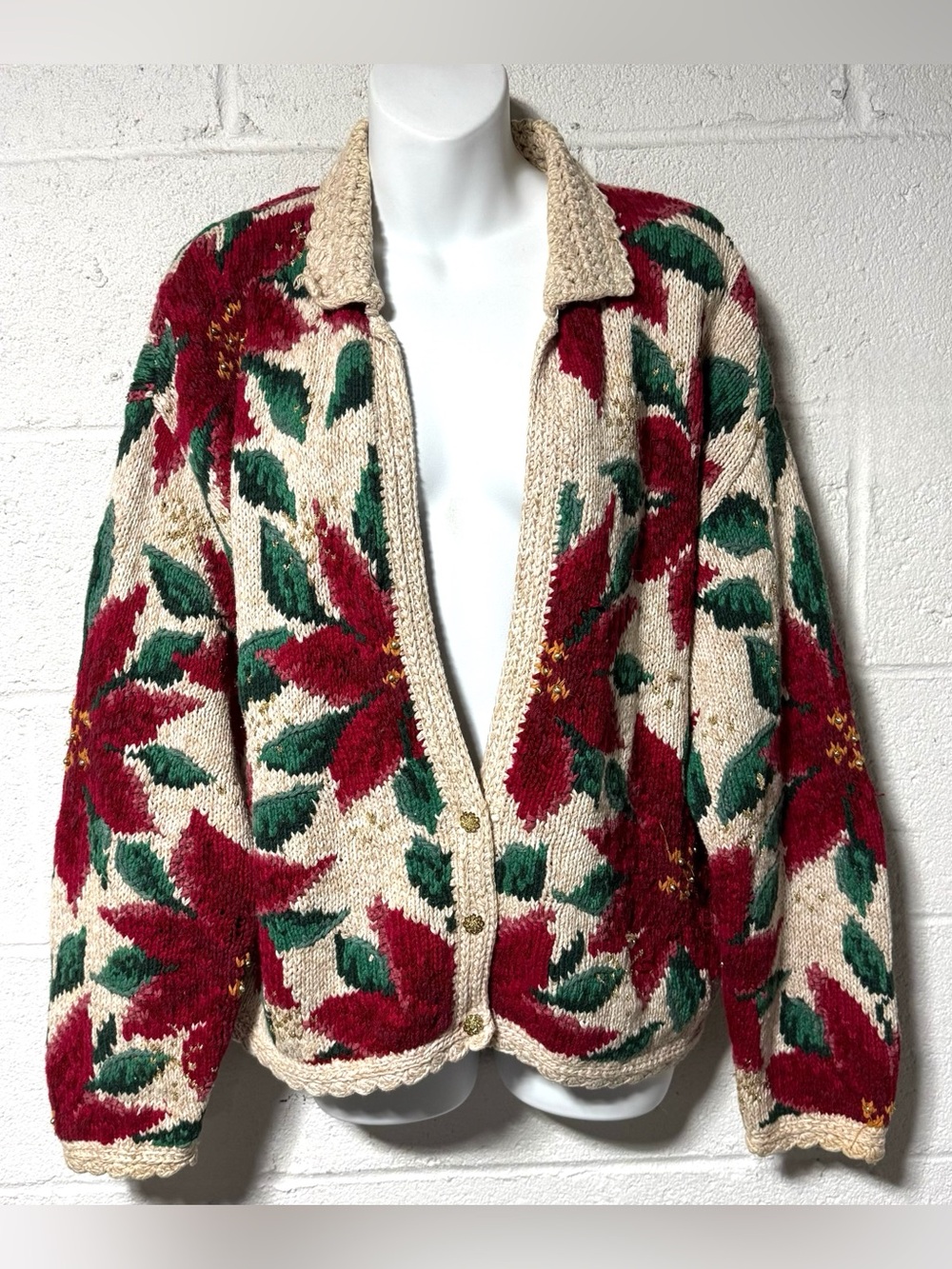 Vtg Northern Isles Poinsettia Christmas Cardigan Sweater L Collared Hand Knit